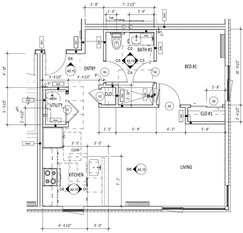 Floor plan for 1 bed, 1 bath, 741 sqft